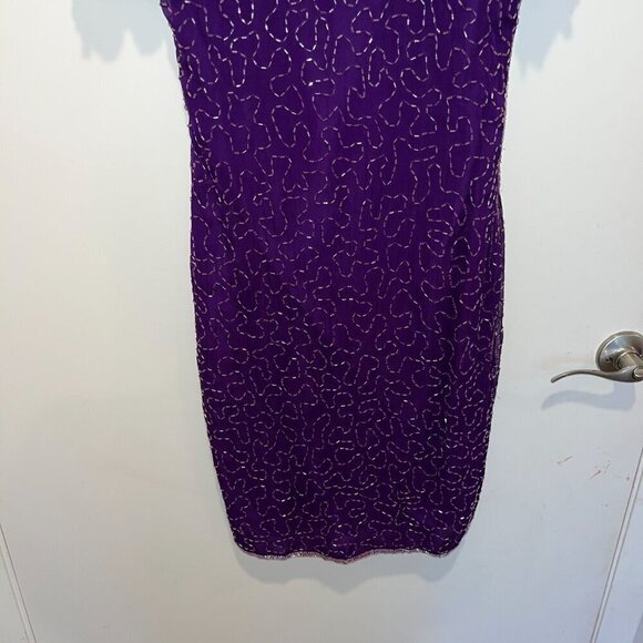 Vintage 1980s Purple Silk Beaded Sequin Cocktail Dress M - Picture 2 of 9